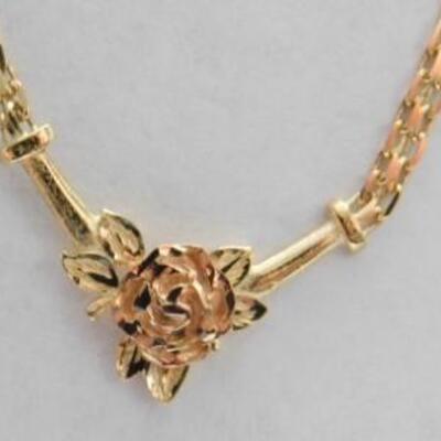 14 KT Gold Bismark Style "V" Necklace with Rose Gold Flower on Chain 3.3 grams