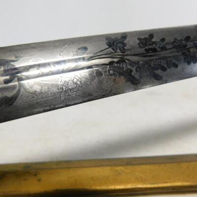 Rare Antique Ames Mfg. Co. 1850-1860 Militia Officer Sword with Pressed Bone Handle and Sheath Scrolled Blade