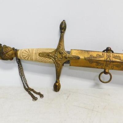 Rare Antique Ames Mfg. Co. 1850-1860 Militia Officer Sword with Pressed Bone Handle and Sheath Scrolled Blade