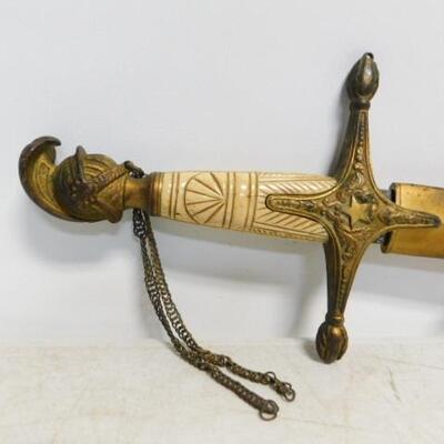 Rare Antique Ames Mfg. Co. 1850-1860 Militia Officer Sword with Pressed Bone Handle and Sheath Scrolled Blade