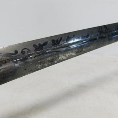 Rare Antique Ames Mfg. Co. 1850-1860 Militia Officer Sword with Pressed Bone Handle and Sheath Scrolled Blade
