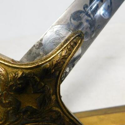 Rare Antique Ames Mfg. Co. 1850-1860 Militia Officer Sword with Pressed Bone Handle and Sheath Scrolled Blade