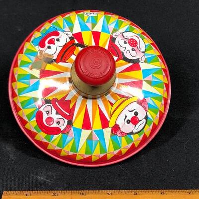 Vintage Chein Playthings Metal Tin Clown Litho Spinning Top