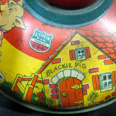 Vintage J Chein & Co Three Little Pigs Litho Tin Toy Spinning Top Toy