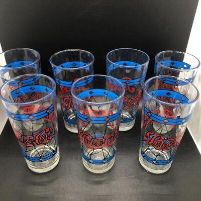 VINTAGE PEPSI COLA TIFFANY STYLE STAINED GLASS 6 INCH TALL RED & BLUE GLASSES, set of 7