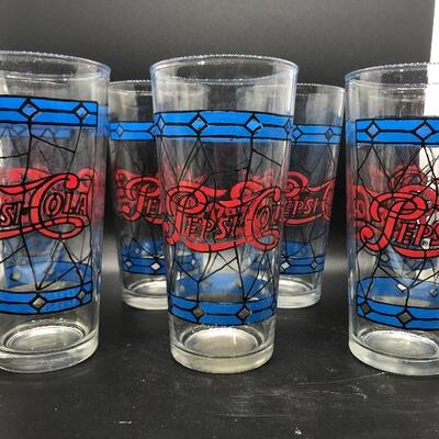 VINTAGE PEPSI COLA TIFFANY STYLE STAINED GLASS 6 INCH TALL RED & BLUE GLASSES, set of 7
