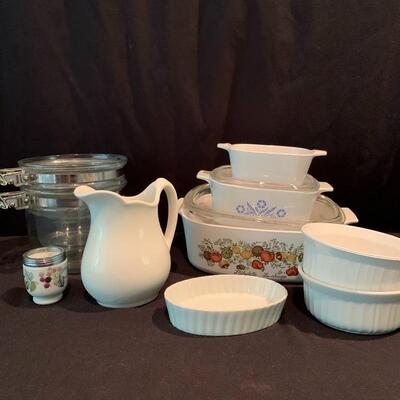 Lot 223 - Vintage Lâ€™Echalote La Sauge Corning Ware Casserole Dish, Pyrex, and More