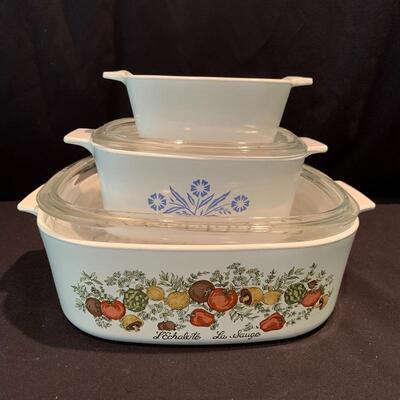 Lot 223 - Vintage Lâ€™Echalote La Sauge Corning Ware Casserole Dish, Pyrex, and More