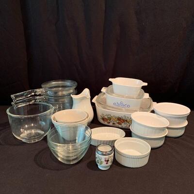 Lot 223 - Vintage Lâ€™Echalote La Sauge Corning Ware Casserole Dish, Pyrex, and More