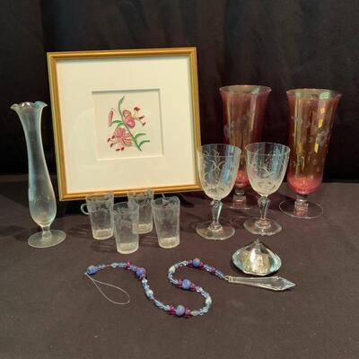 Lot 225 - Gorgeous Etched Glass, Framed Quilled Art, and More