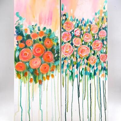 HAND-PAINTED FLORAL CANVAS ARTWORK SET OF 2