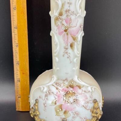 Antique Wave Crest CF Monroe Pink Floral Satin Glass Bud Vase Ormolu 