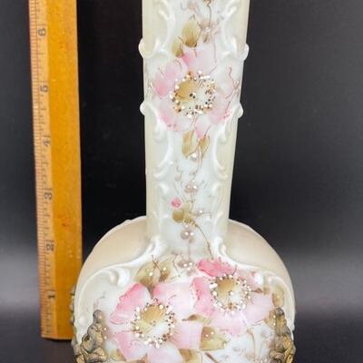 Antique Wave Crest CF Monroe Pink Floral Satin Glass Bud Vase Ormolu 