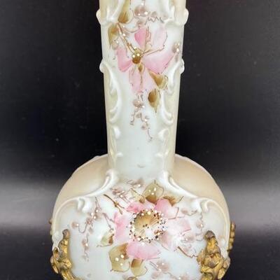 Antique Wave Crest CF Monroe Pink Floral Satin Glass Bud Vase Ormolu 