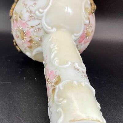 Antique Wave Crest CF Monroe Pink Floral Satin Glass Bud Vase Ormolu 