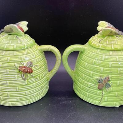 Pair of Green Lidded Beehive Creamer Pitchers