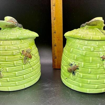 Pair of Green Lidded Beehive Creamer Pitchers