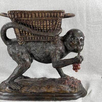 Maitland Smith Monkey Carrying Basket Lidded Planter Statue Cast Iron Bronze