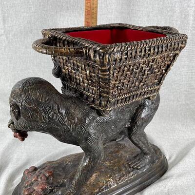 Maitland Smith Monkey Carrying Basket Lidded Planter Statue Cast Iron Bronze