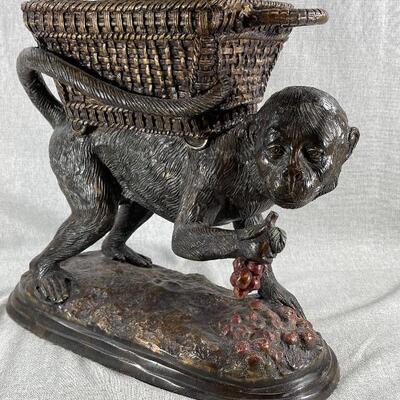 Maitland Smith Monkey Carrying Basket Lidded Planter Statue Cast Iron Bronze