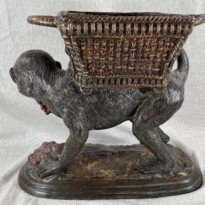 Maitland Smith Monkey Carrying Basket Lidded Planter Statue Cast Iron Bronze