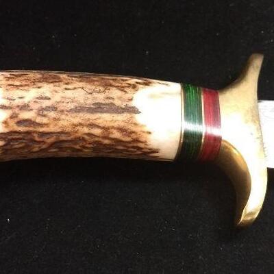 Custom Crafted Steel Damascus 9" Blade Hunter Knife with Antler and Brass Handle Includes Sheath