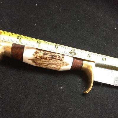 Custom Crafted Steel Damascus 10.5" Blade Hunter Knife with Antler and Brass Handle Includes Sheath