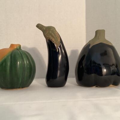 A1008 Pottery Eggplant Salt Shaker Signed Pottery Gourd Vase and Signed Pottery Eggplant Vase