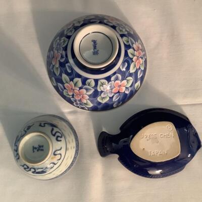 A1010 Joyce Chen Blue Fish Ginger Grater Rice Bowls Tea Cup