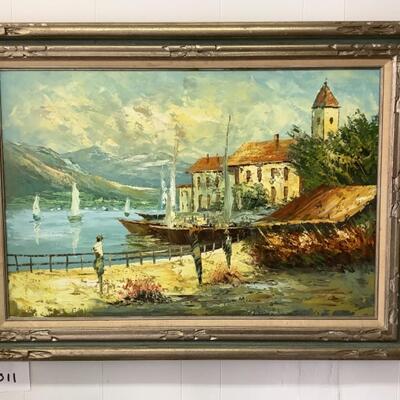 A1011 Takuji Koide Signed Framed Oil Painting on Canvas of Village Marina