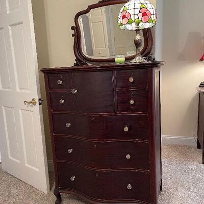 Lot 4 - Antique Dresser With Mirror and Tiffany Style Lamp
