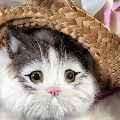 Fancy Cat in Feathered Hat Made of Real Rabbit Fur