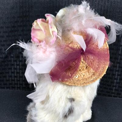 Fancy Cat in Feathered Hat Made of Real Rabbit Fur