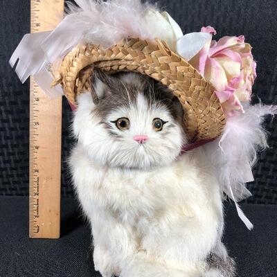 Fancy Cat in Feathered Hat Made of Real Rabbit Fur