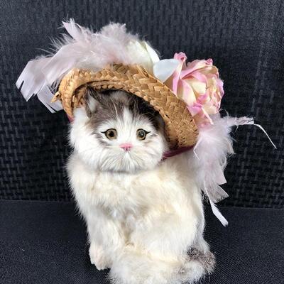 Fancy Cat in Feathered Hat Made of Real Rabbit Fur