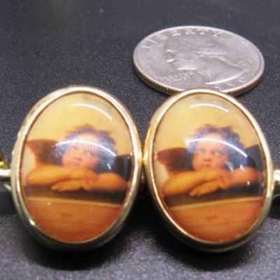 Retro Small Oval Gold Tone Angel Daydreaming Enamel Earrings