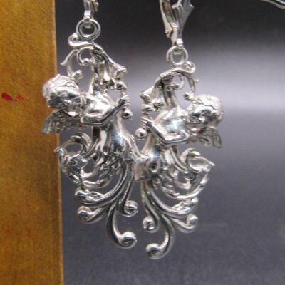 Sterling Silver 925 Dangling Cherub Angel Earrings 