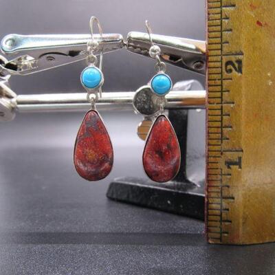 Red Agate Jasper & Turquoise Cabochon Dangle Earrings