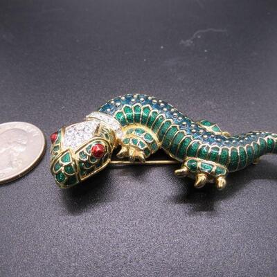 Vintage KJL Kenneth Jay Lane Green Enamel Rhinestone Lizard Reptile Gecko Pin Brooch