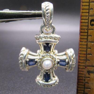 Sterling Silver 925 Judith Ripka Necklace Enhancer Pendant Cross Sapphire Faux Pearl