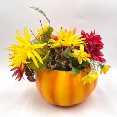 CERAMIC PUMPKIN VASE WITH FAUX FLOWERS