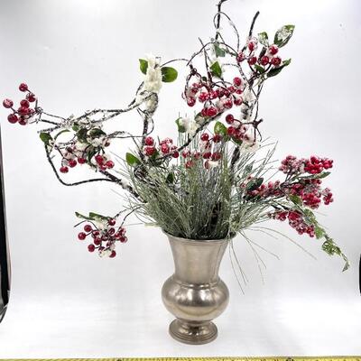 FROSTED CHRISTMAS/WINTER FAUX FOLIAGE IN SILVER VASE