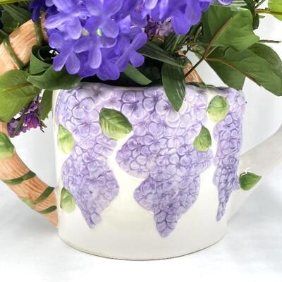 FAUX SPRING FLOWERS IN CERAMIC GRAPE WATERING CAN
