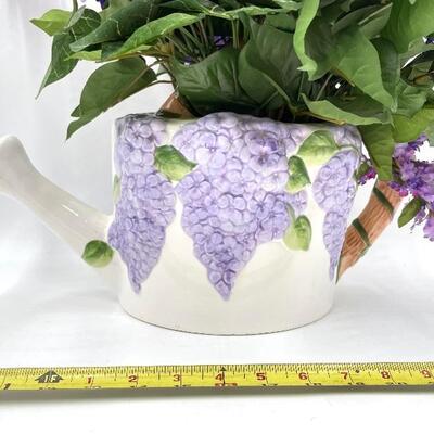 FAUX SPRING FLOWERS IN CERAMIC GRAPE WATERING CAN