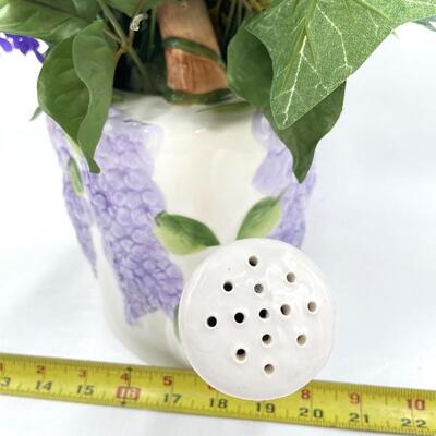 FAUX SPRING FLOWERS IN CERAMIC GRAPE WATERING CAN