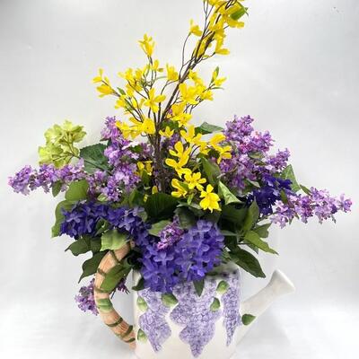 FAUX SPRING FLOWERS IN CERAMIC GRAPE WATERING CAN