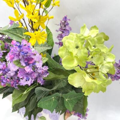 FAUX SPRING FLOWERS IN CERAMIC GRAPE WATERING CAN