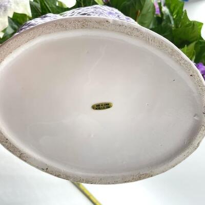 FAUX SPRING FLOWERS IN CERAMIC GRAPE WATERING CAN