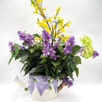 FAUX SPRING FLOWERS IN CERAMIC GRAPE WATERING CAN