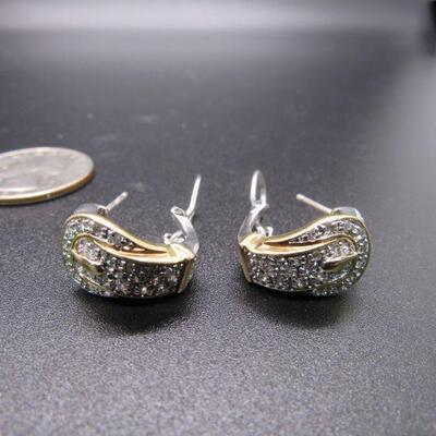 Rhinestone Crystal Pave Sterling Silver Gold Tone Buckle Earrings